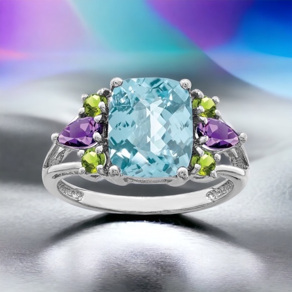 925 Sterling Silver Rhodium Light Swiss Blue Topaz, Amethyst and Peridot Ring - Picture 3 of 8